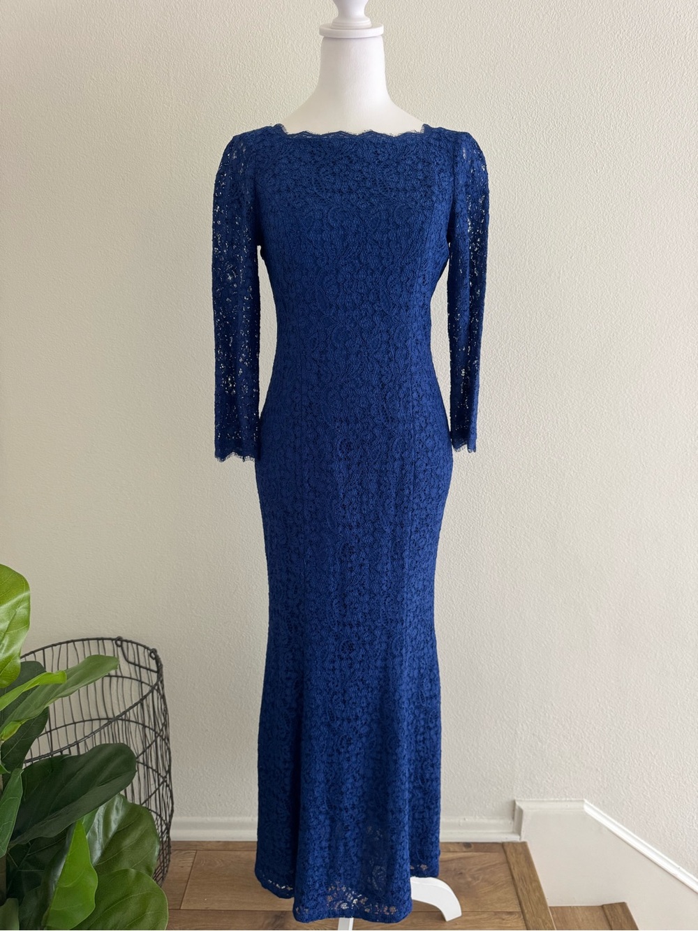 Adrianna Papell Blue Lace Long-Sleeve Gown